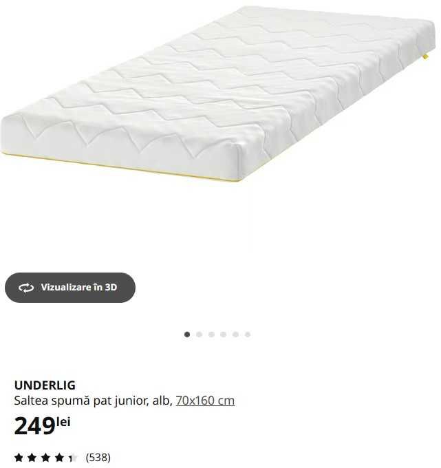 Pat copil + somieră + saltea spumă, alb, 70x160 cm