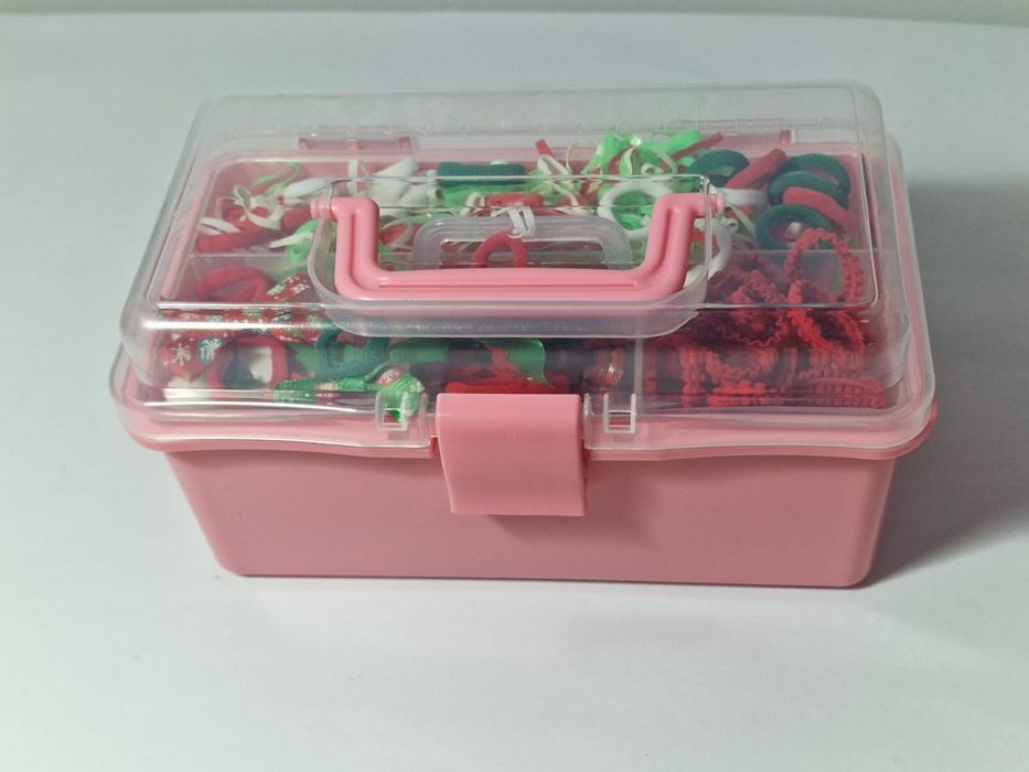 Cutie roz mare 550 elastice par, capac transparent, cadou Craciun