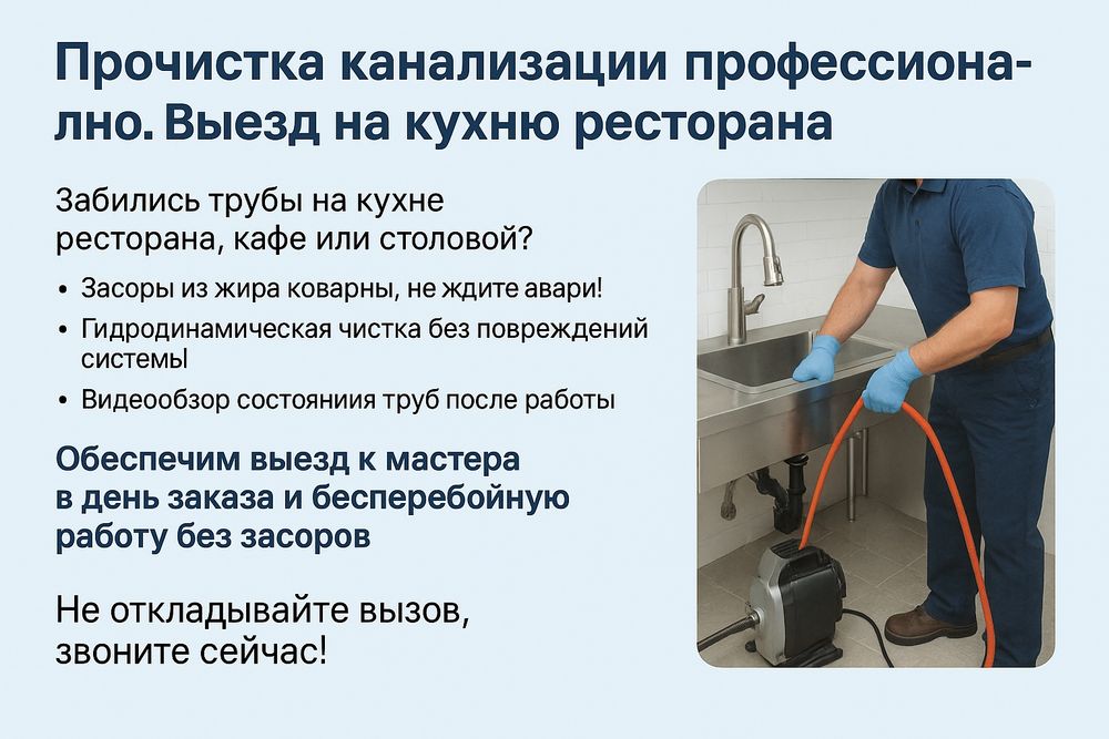 Чистка канализации в кафе и ресторане. Без остановки работы