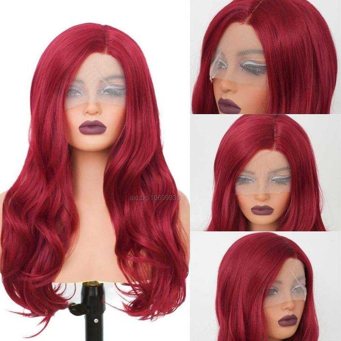 60 см червена чуплива перука с дантела 4*1