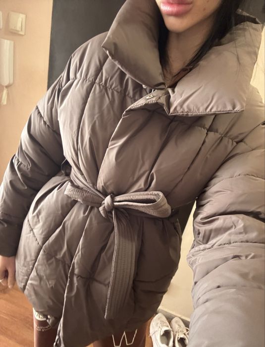 кафяво зимно яке с колан и гъши пух