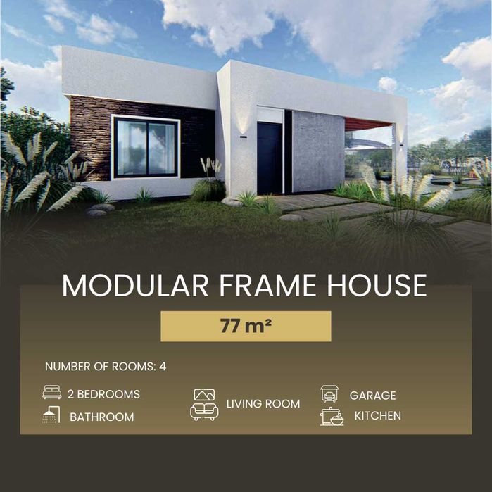 O casă modulară nouă, la cheie, cu structură din lemn 77m2 cu intrare.