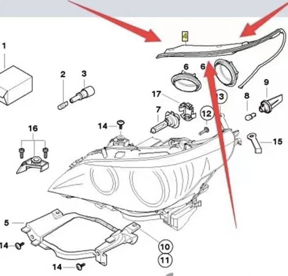 Уплътнения BMW E60 E61 вежди фарове капаци крушки лайсна вежди бмв е60