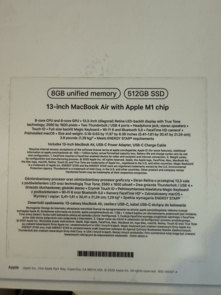 MacBook Air M1 13" 8-Core CPU, 8-Core GPU, 8gb RAM, 512GB SSD