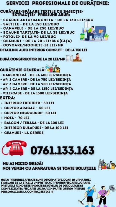 Servicii Curatenie Generala/Dupa Constructor-Renovare /Textile-Piele