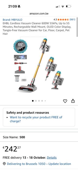 Мощна безкабелна прахосмукачка 600W 55kPa