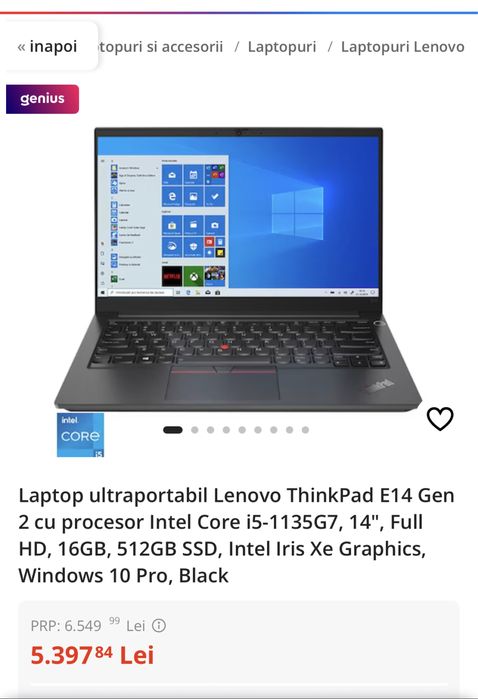 Fane Amanet: eLaptop Lenovo ThinkPad E14 Gen2 i5-1135G7 RAM 16GB 256GB