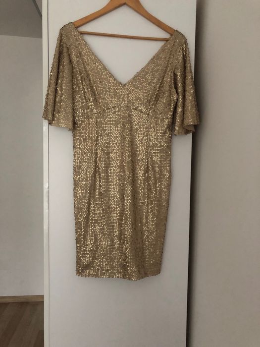 Rochie aurie scurta, mărimea 40, sistem închidere fermoar spate