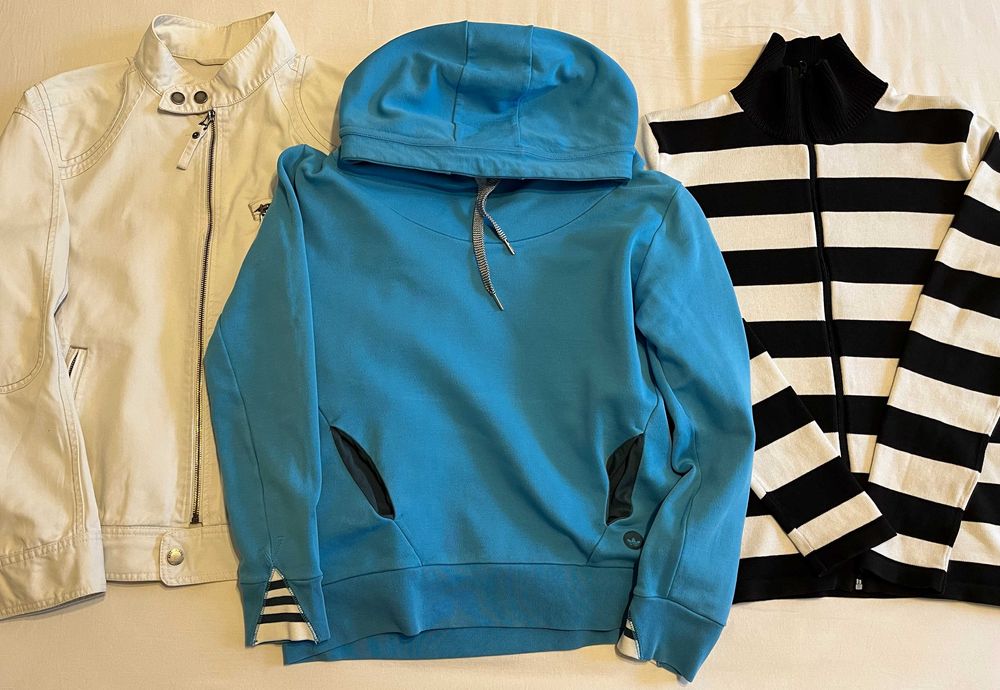 худи adidas, кардиган giordano, джинсовая куртка meters/bonwe