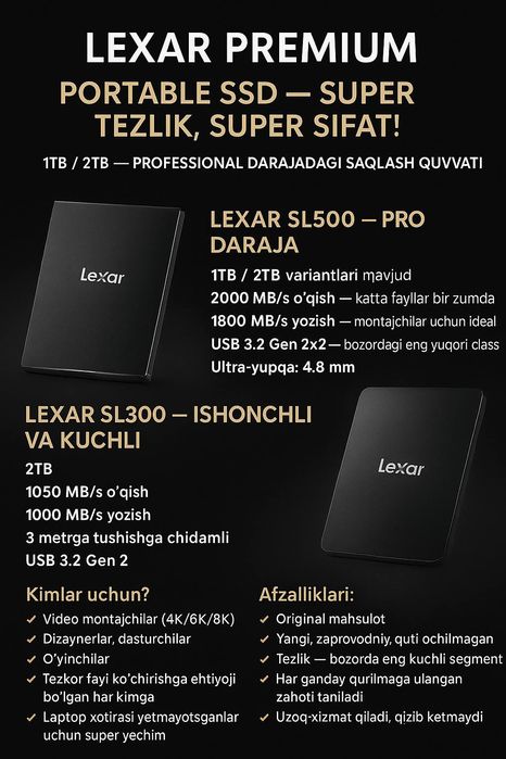 Hard Disk Lexar Premium — Super Tezlik, Super Sifat (Optom)