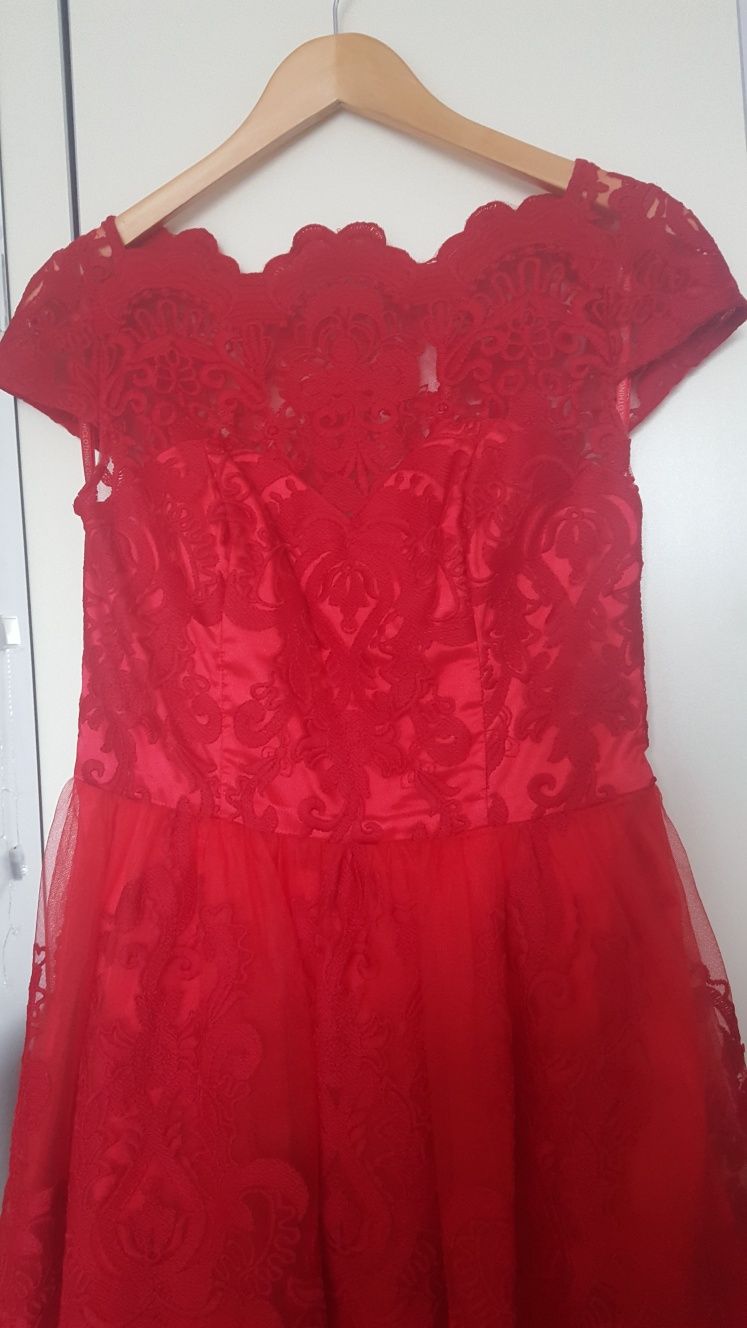 Rochie ocazie rosie, dantela si voal CHI CHI LONDON, masura M-L