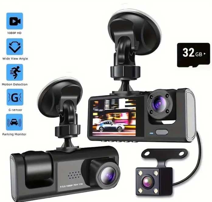 Vavupo 1080P Тройна Даш Камера за Коли Нощно Виждане 32GB карта памет