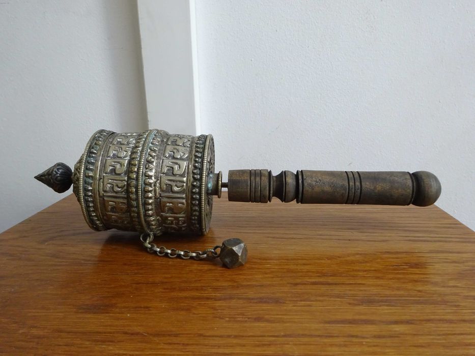 Roata Tibetana cu Mantra, argint tibetan| Vechi obiect de Cult Budist