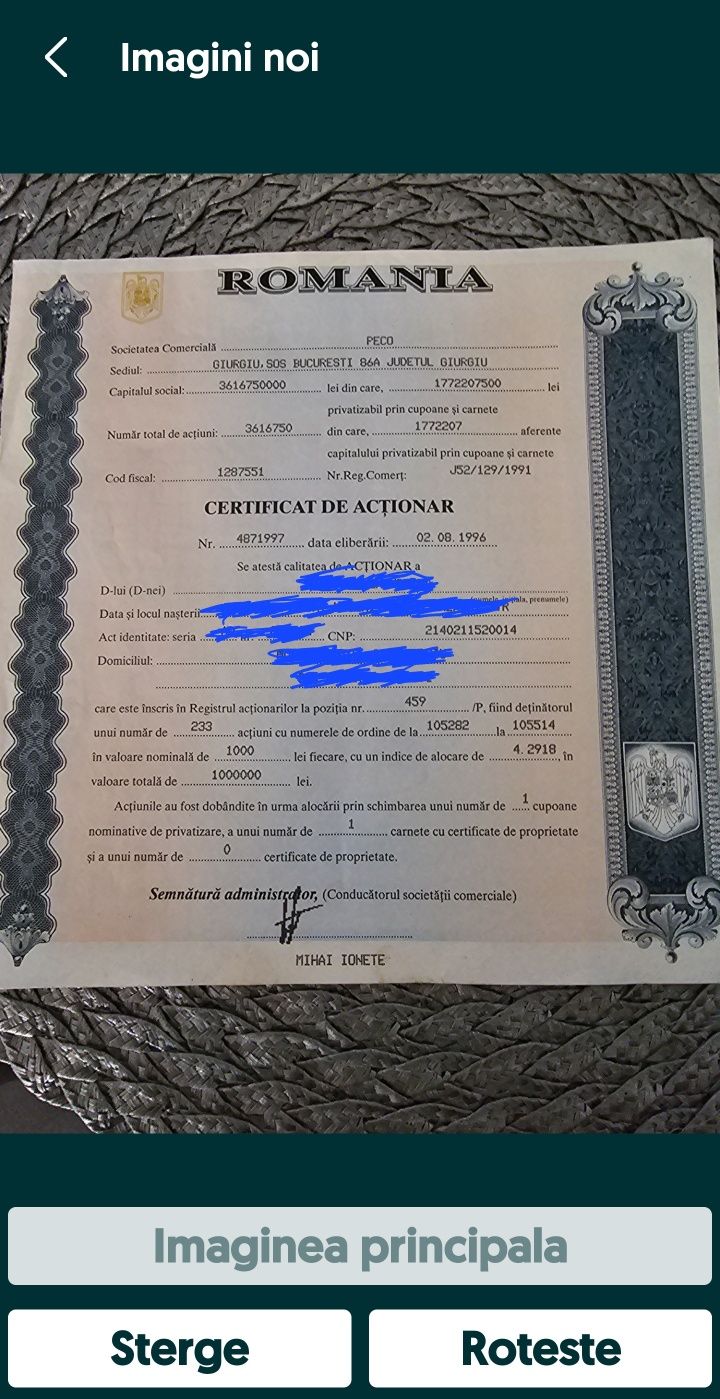 Vând certificat de acționar