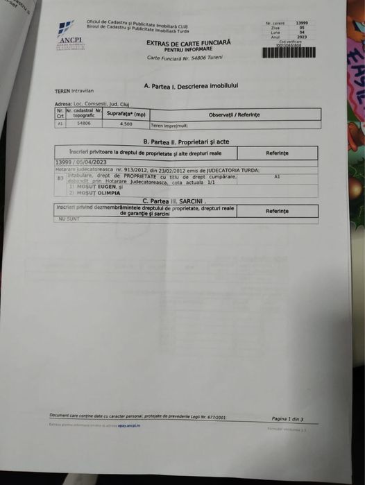 TEREN intravilan de vanzare 4500mp Sat.COMSESTI JUD.CLUJ