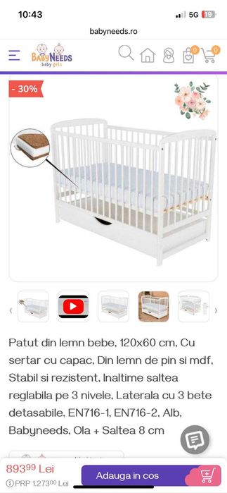 Pătuț “Ola” lemn bebe NOU + cadou saltea din cocos + cadou așternut