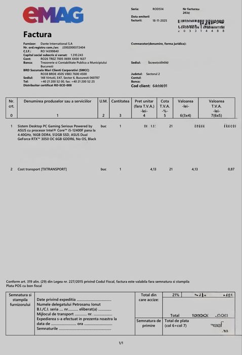 PC Gaming RTX3050/i5-12400F garantie eMag