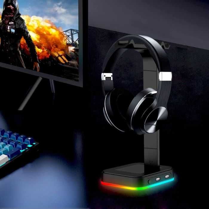 Suport casti gaming, Multifunctional, Iluminare RGB, 2xUSB, Negru