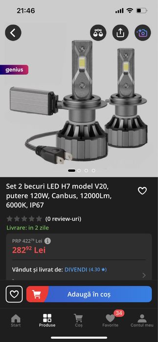 Set 2 becuri LED H7 model V20, 120W, Cambus, 12000Lm, 6000K