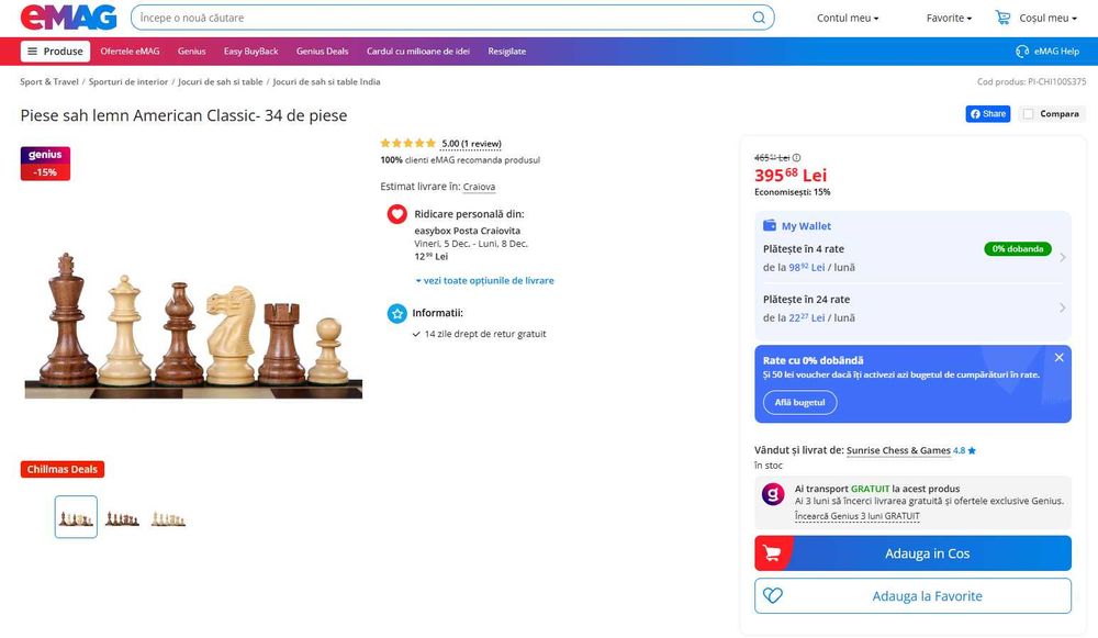 Piese sah lemn American Classic- 34 de piese, noi, nefolosite.