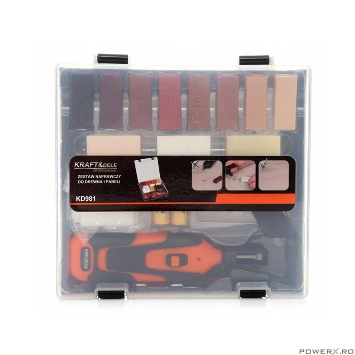 Dispozitiv, kit reparare lemn, 18 elemente, Kraft