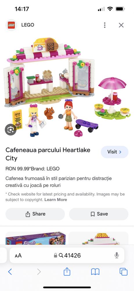 Lego seria Friends cod 41426 Cafeneaua Parcului Heartlake City