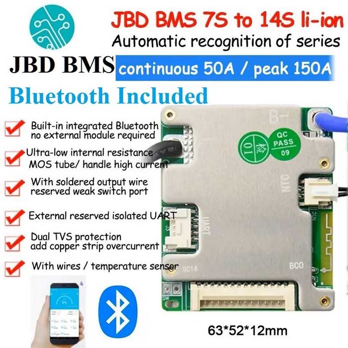 Smart BMS 7s 8s 9s 10s 11s 12s 13s 14S 15S 16S 17S + Bluetooth inclus