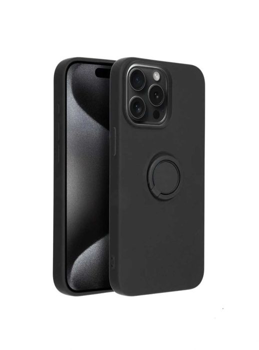 Husa cu inel iPhone 16 . 16 Plus . silicon negru / interior catifelat