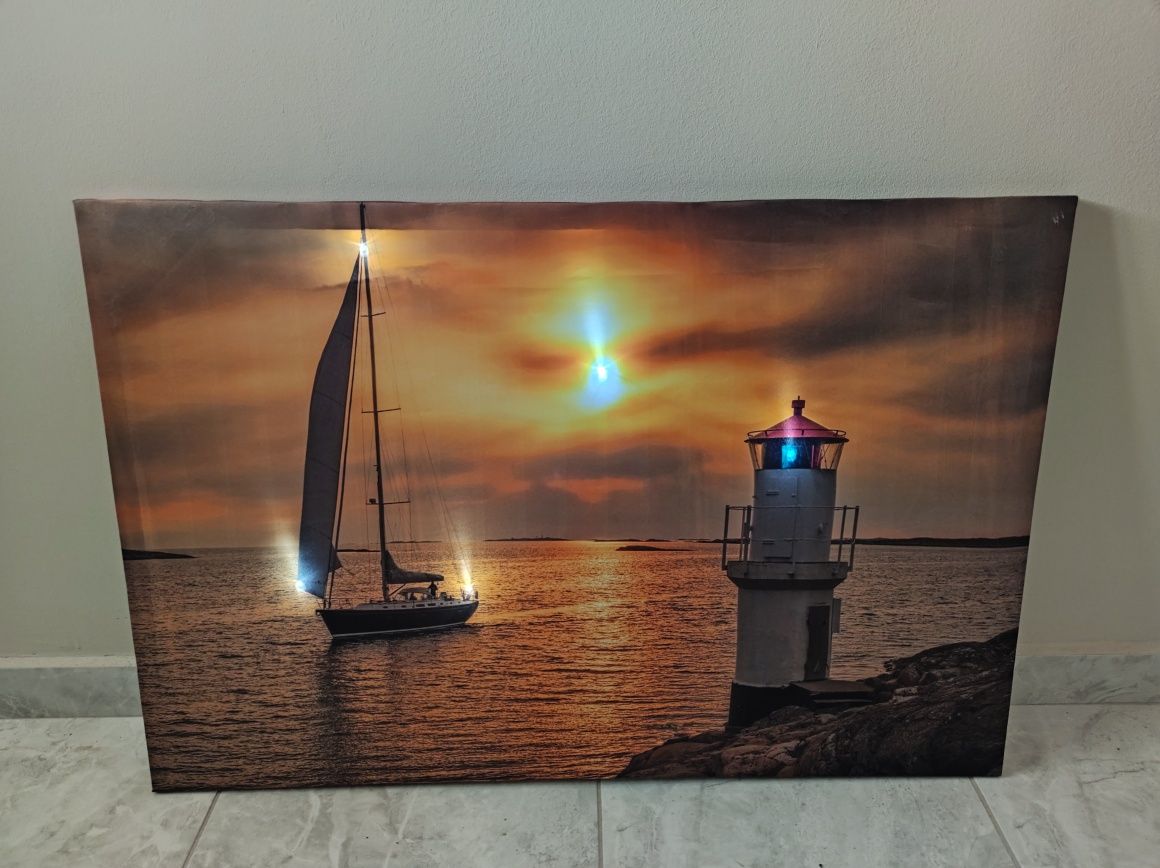 Светеща картина с LED осветление - залез лодка и фар