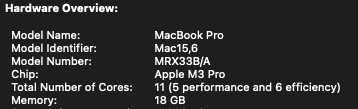 Apple MacBook Pro 14 M3 Pro 11 CPU/14 GPU,18GB Ram/512GB, Space Black