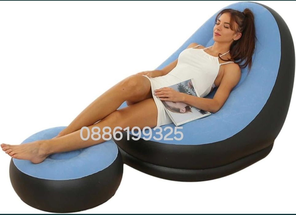 Надуваем фотьойл и табуретка за крака, Син/Бежов/Шарен