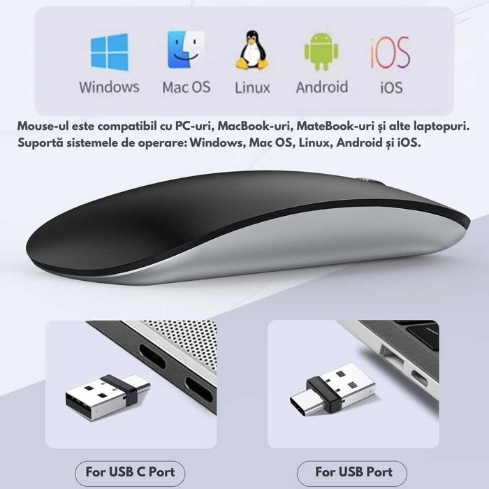 Mouse Wireless, Dual Mode Bluetooth 5.1 & 2.4GHz, Reincarcabil USB-C