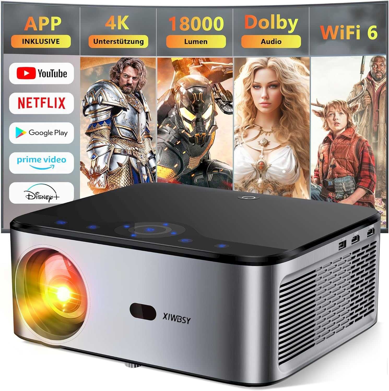 Videoproiector led 600 ansi android 9 1+8 gb bluetooth, wifi 6