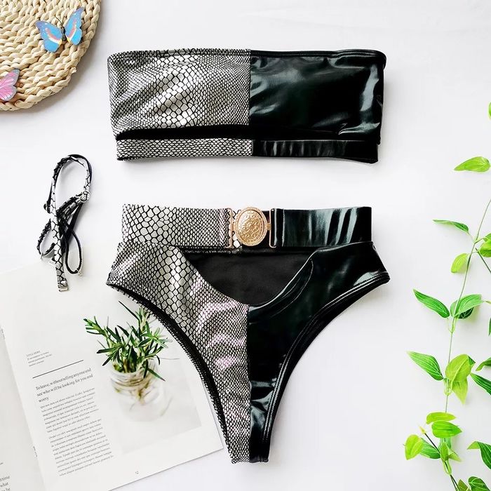 Costum de baie C114 (Daira-Shop.ro) Argintiu Negru Push Up Talie Inalt