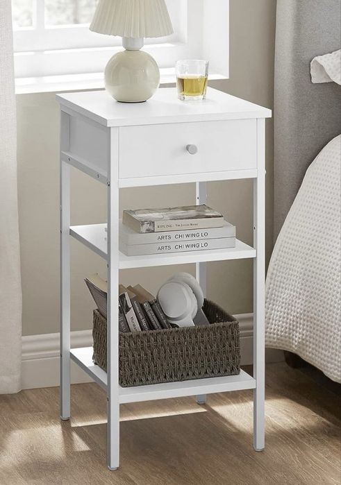 VASAGLE 2 Buc Noptieră Albă cu Rafturi și Sertar Comodă Consolă Măsuță