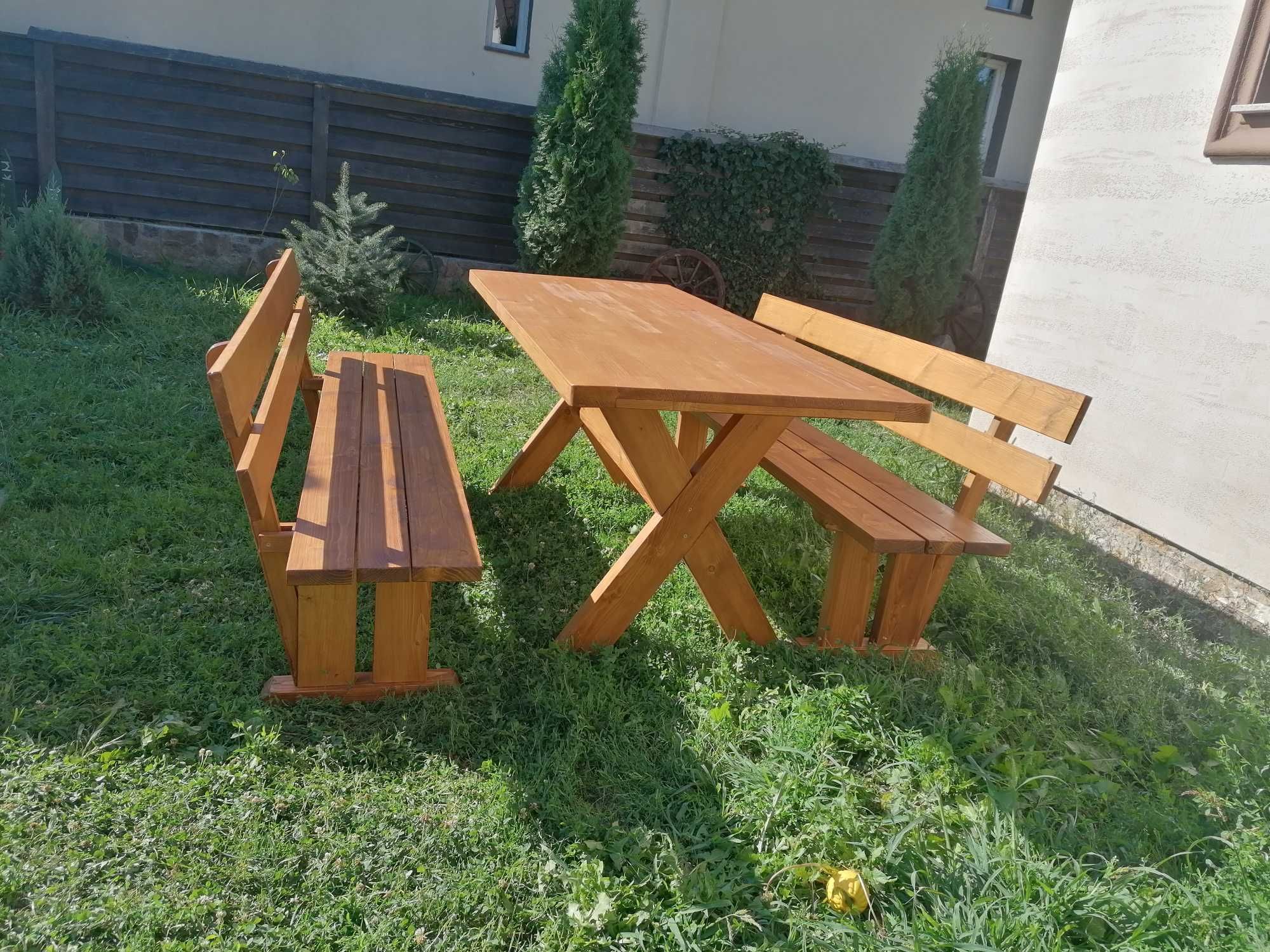 Set 2.5 m - masa si banci din lemn masiv pentru gradina, exterior