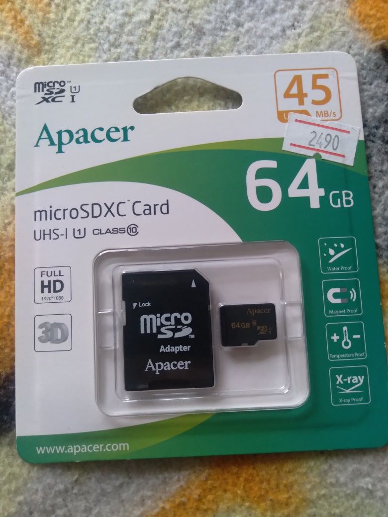 Продам новую карту памяти 64Gb с адаптером на видеорегистратор