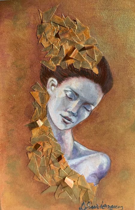 Cadou nou, pictura moderna  mix media-GOLDEN SILENCE-, pictor roman