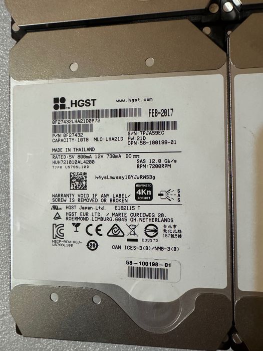 4 броя 10TB хард дискове HGST SAS 12Gbps 7200RPM HelioSeal 4Kn