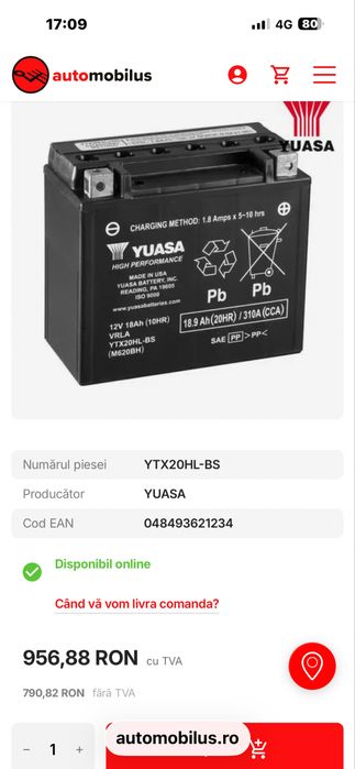 Baterie de pornire YUASA 12v / 18 Ah