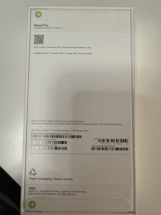 iPhone 17 PRO 512GB Cosmic Orange - model SUA - eSIM DualSim