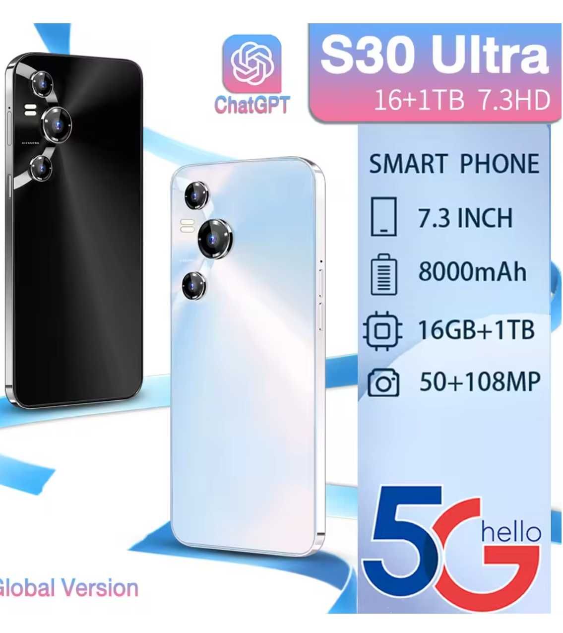 S30 Ultra   5G  7.3" Android 13 Mobile Phone 8000mAh
