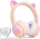 Casti wireless copii IFECCO, cu urechi luminoase, husa, roz