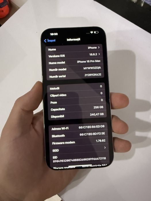 Iphone 16 Pro Max 256GB White Titanium 100% baterie