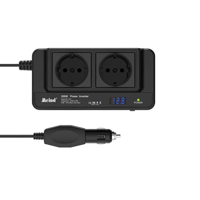 Invertor Auto 200W 12V–220V cu 2 Prize AC 2x USB 2.4A + 2x USB QC 3.0