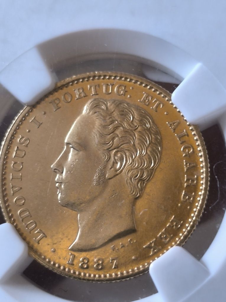 5 000 рейс1887 год, Португалия,Луиш I, злато 8.87 гр,917/1000 MS 62