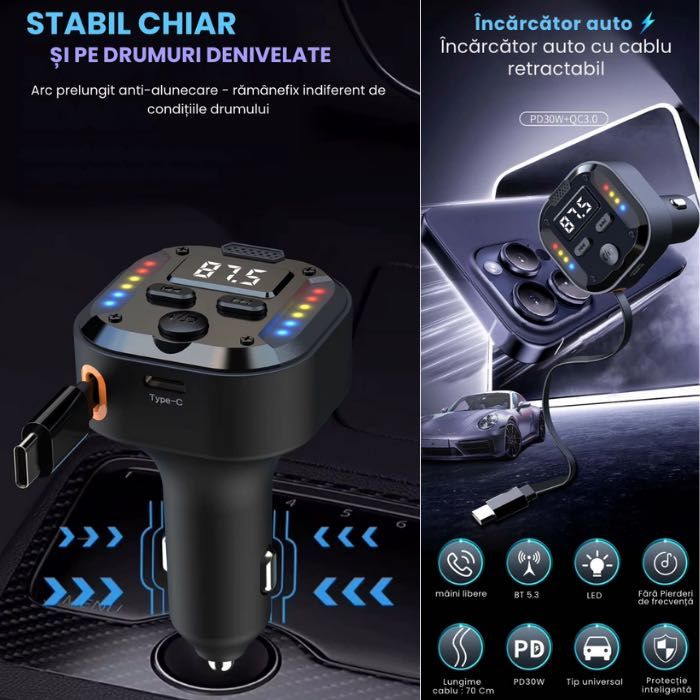 Modulator FM NETSTAT®Bricheta, BT 5.3 QC3.0 PD30W Cablu Retractabil