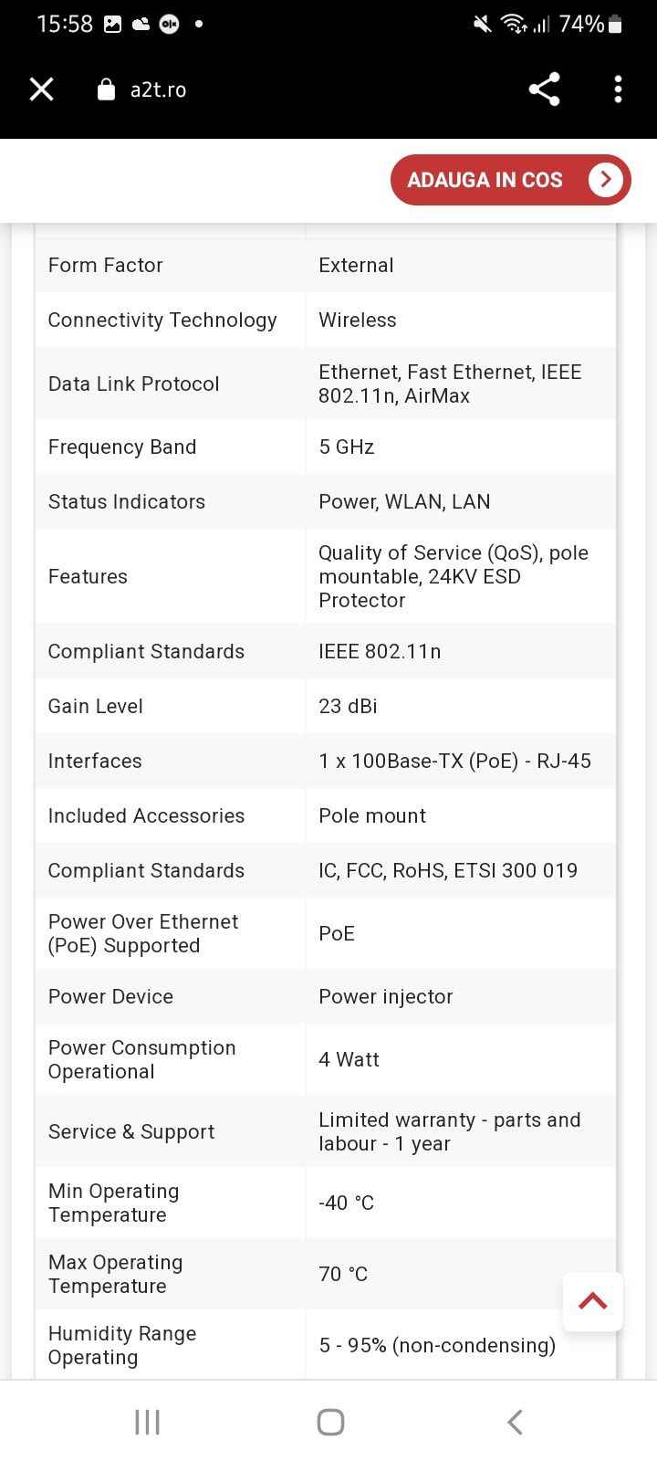 Antena Router/Bridge wireless 5 Mhz 23 dBi Ubiquiti LiteBeam M5