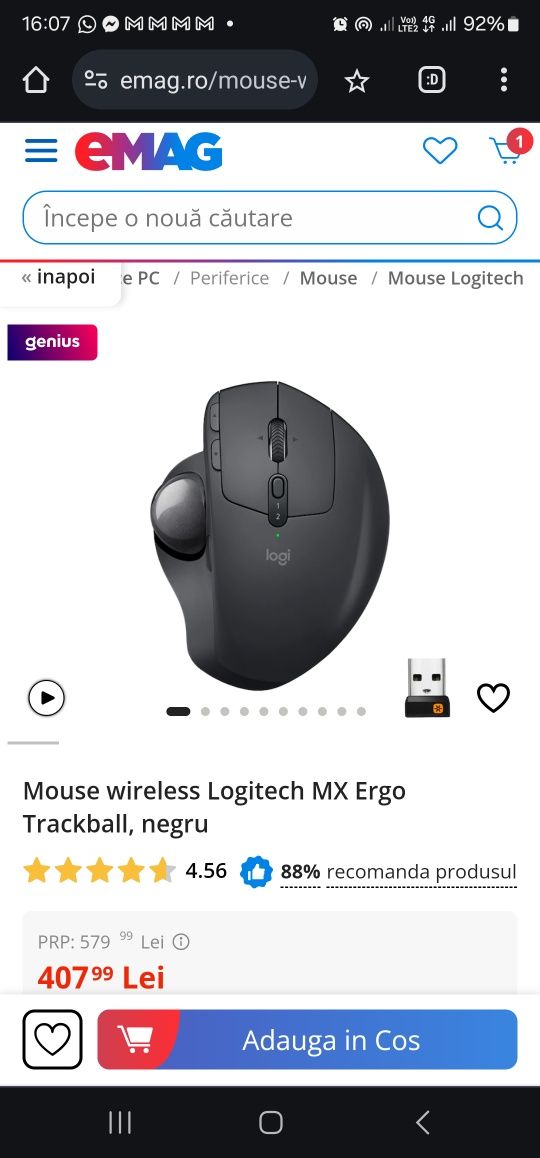 Mouse wireless Logitech MX Ergo Trackball, negru (sigilat)