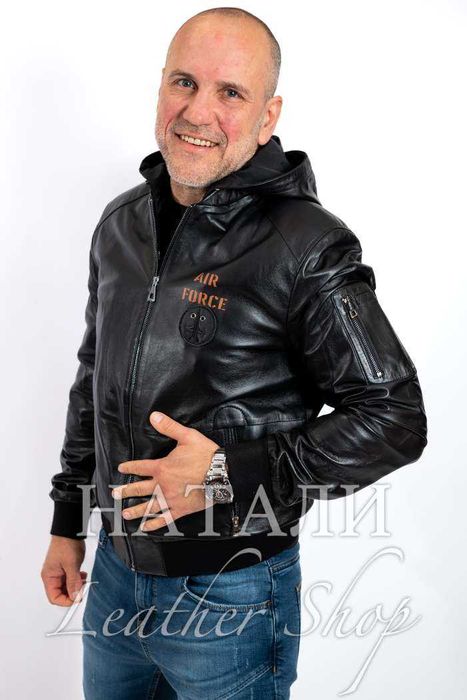 Кожен бомбър Александър с качулка